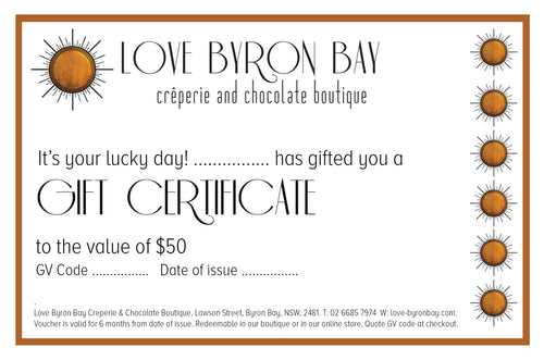 Love Byron Bay chocolate Gift Certificate Best Gift Australia order online $50 taste of Byron Bay